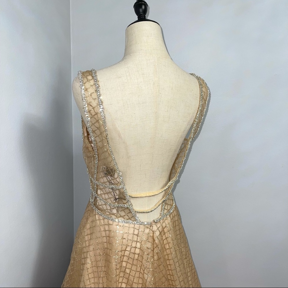 # Mac Duggal Gold Sequin Illusion Neck A Line Gown - Picture 8 of 17